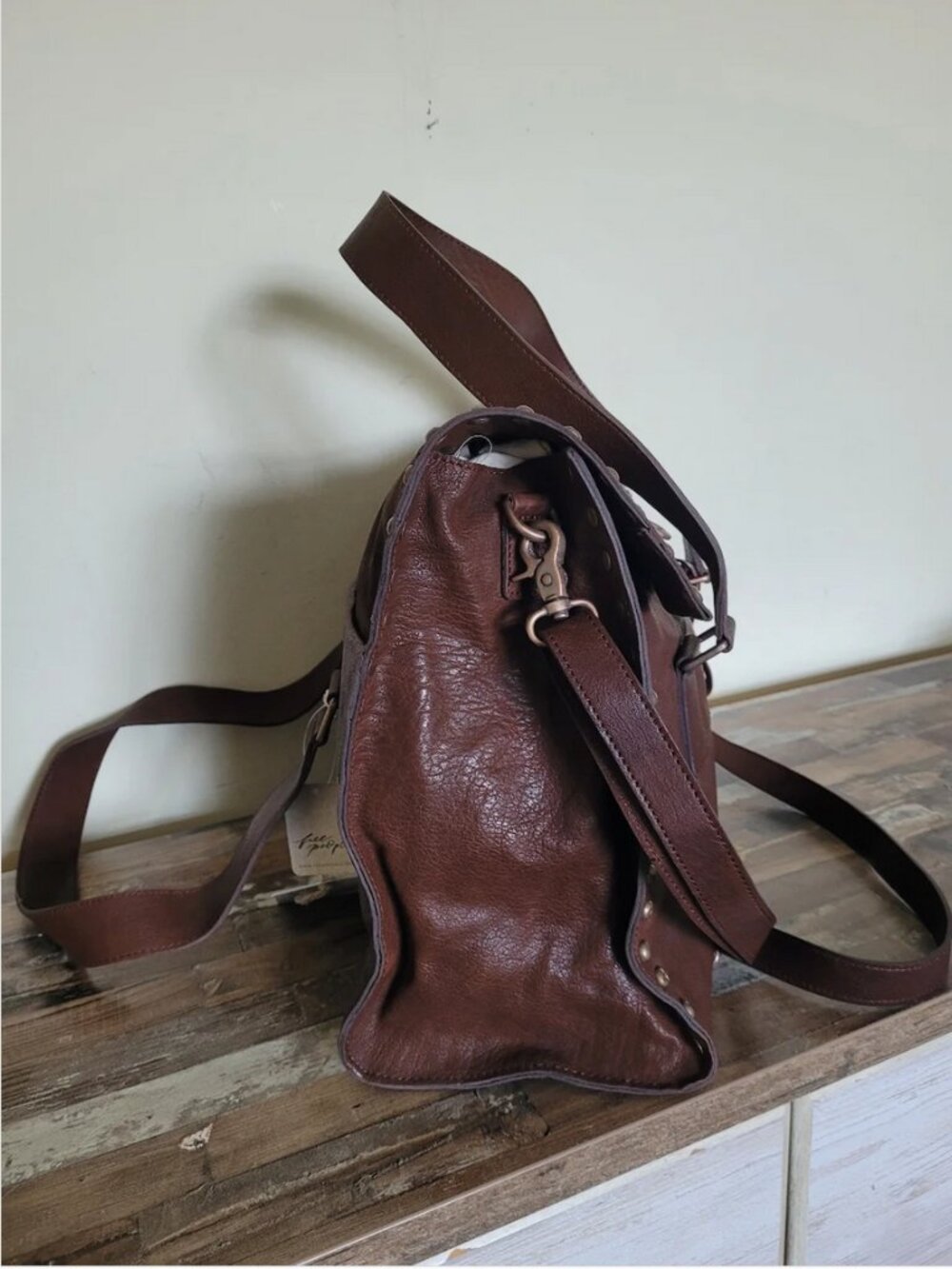 Free People Brown Distressed Leather Studded Satchel Crossbody Bag Boho Shoulder - Picture 5 of 10